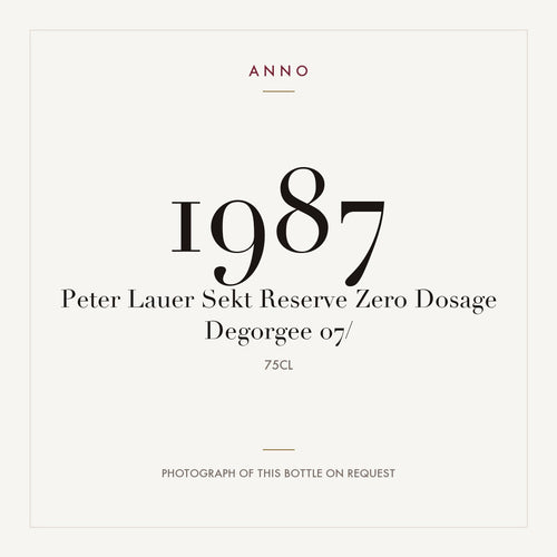 Peter Lauer Sekt Reserve Zero Dosage Degorgee 07/ 1987 0,75l — ANNO vintage card; photograph of the actual bottle available on request