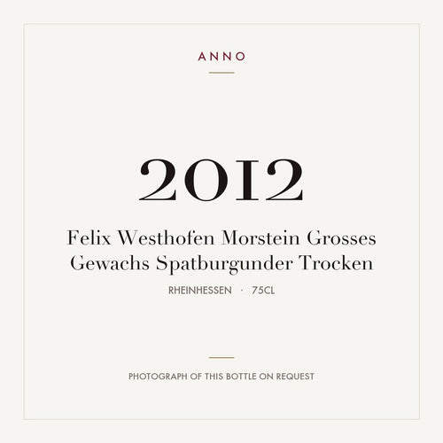 Felix Westhofen Morstein Grosses Gewachs Spatburgunder Trocken 2012 0,75l, Rheinhessen — tarjeta de añada ANNO; foto de la botella real disponible bajo petición