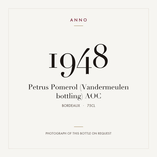 Petrus Pomerol (Vandermeulen bottling) 1948 AOC 0,75l, Bordeaux — ANNO-årgangskort; foto af den faktiske flaske på forespørgsel