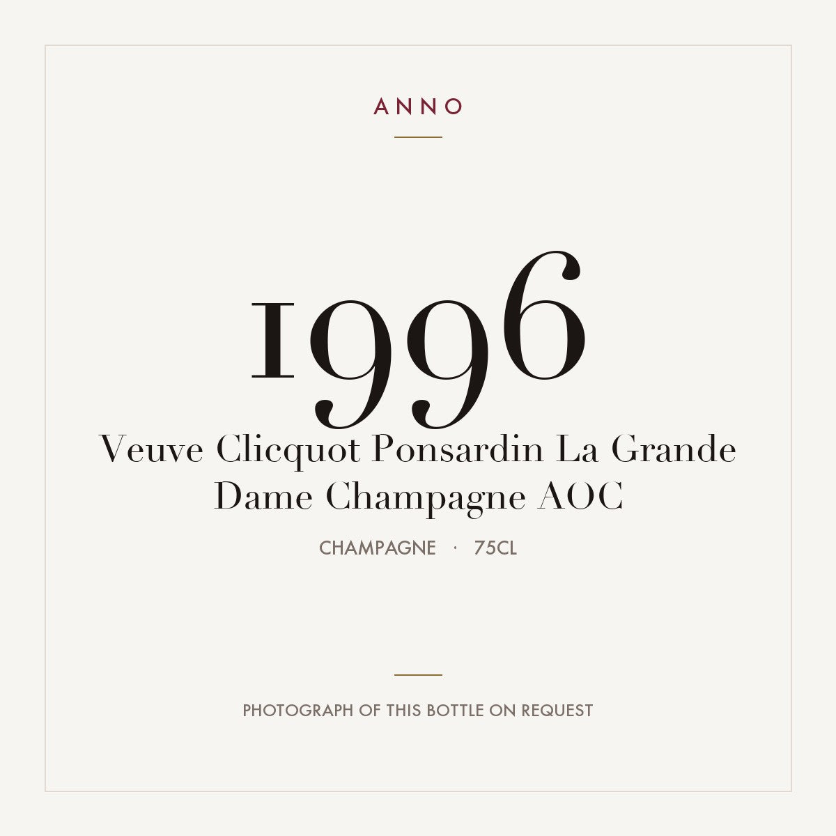 Veuve Clicquot Ponsardin La Grande Dame Champagne 1996 AOC 0,75l from Champagne — ANNO vintage card; photograph of the actual bottle available on request
