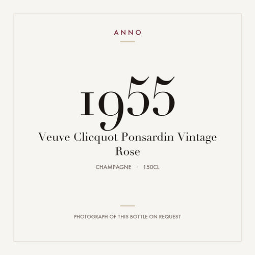 Veuve Clicquot Ponsardin Vintage Rose 1955 1,5l — tarjeta de añada ANNO; foto de la botella real disponible bajo petición