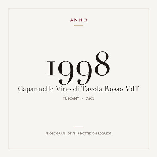 Capannelle Vino di Tavola Rosso 1998 VdT 0,75l from Tuscany — ANNO vintage card; photograph of the actual bottle available on request