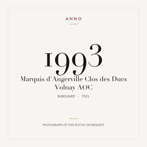 Marquis d'Angerville Clos des Ducs Volnay 1993 AOC 0,75l from Burgundy — ANNO vintage card; photograph of the actual bottle available on request