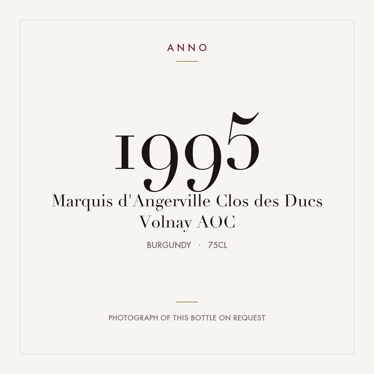 Marquis d'Angerville Clos des Ducs Volnay 1995 AOC 0,75l from Burgundy — ANNO vintage card; photograph of the actual bottle available on request