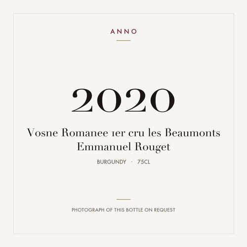 Emmanuel Rouget Vosne-Romanee Premier Cru Les Beaumonts 2020 AOC 0,75l — ANNO vintage card; photograph of the actual bottle available on request