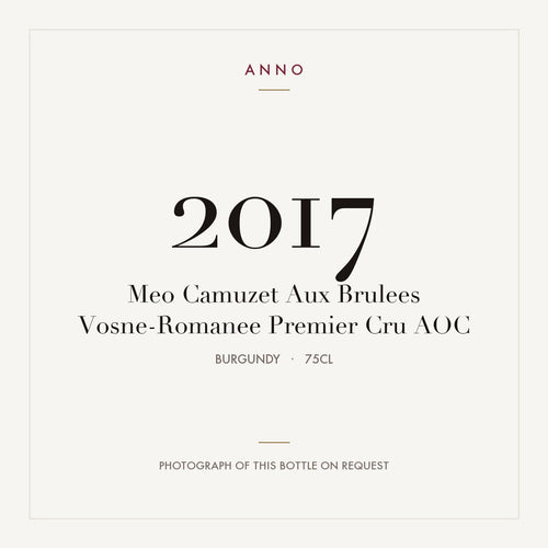 Meo Camuzet Aux Brulees Vosne-Romanee Premier Cru 2017 AOC 0,75l, Borgonha — cartão de colheita ANNO; fotografia da garrafa real disponível a pedido