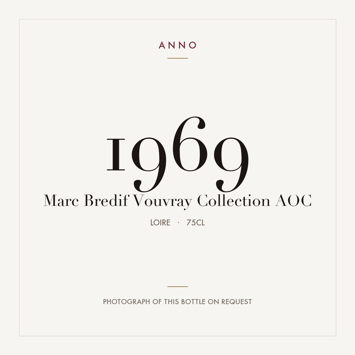 Marc Bredif Vouvray Collection 1969 AOC 0,75l from Loire — ANNO vintage card; photograph of the actual bottle available on request