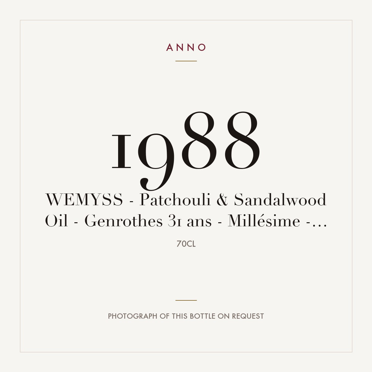 Wemyss Patchouli & Sandalwood Oil Single Cask 31 Years Old 1988 0,7l — ANNO vintage card; photograph of the actual bottle available on request
