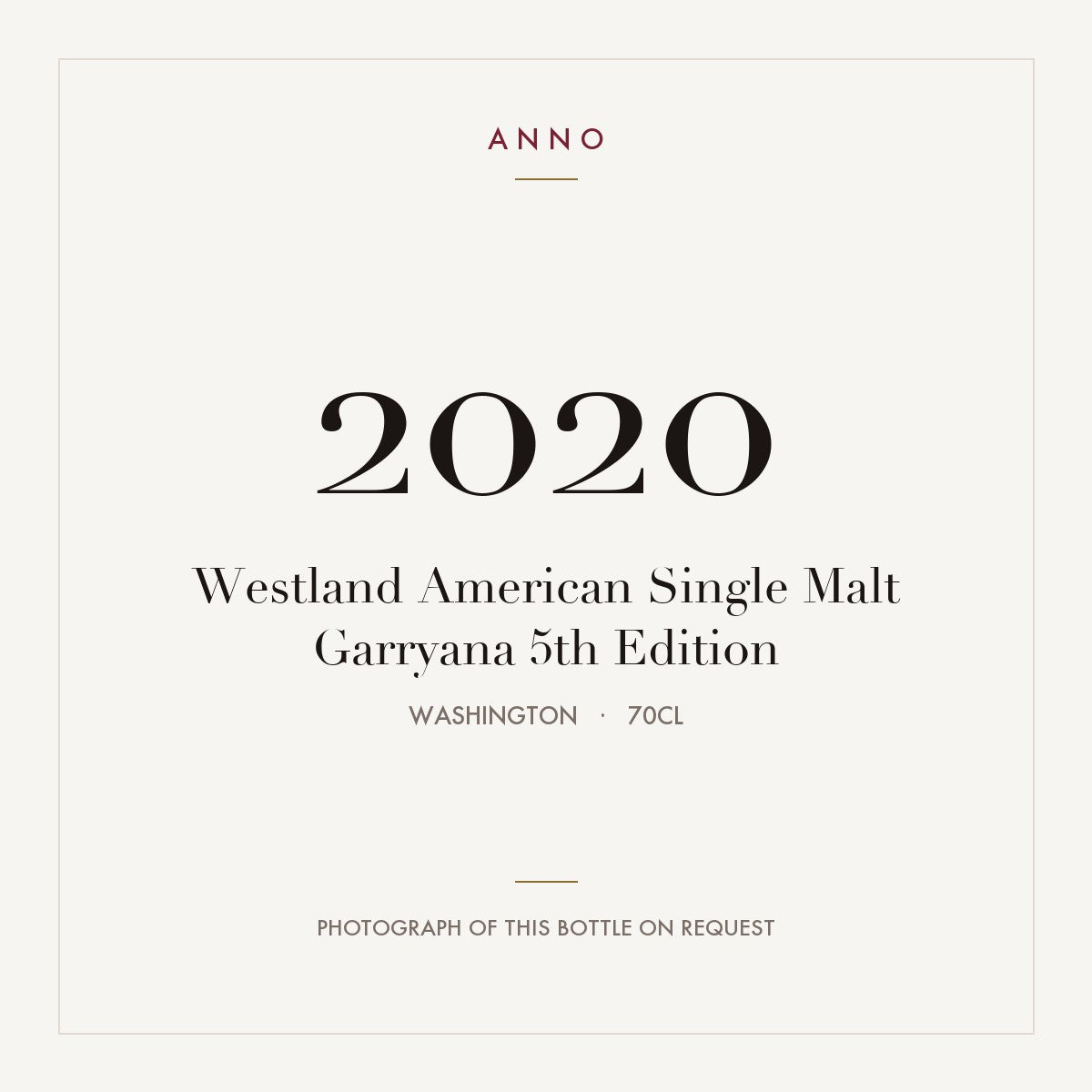 Westland American Single Malt Garryana 5th Edition 2020 0,7l from Washington — ANNO vintage card; photograph of the actual bottle available on request