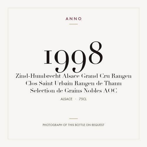 Zind-Humbrecht Alsace Grand Cru Rangen Clos Saint Urbain Rangen de Thann Selection de Grains Nobles 1998 AOC 0,75l from Alsace — ANNO vintage card; photograph of the actual bottle available on request