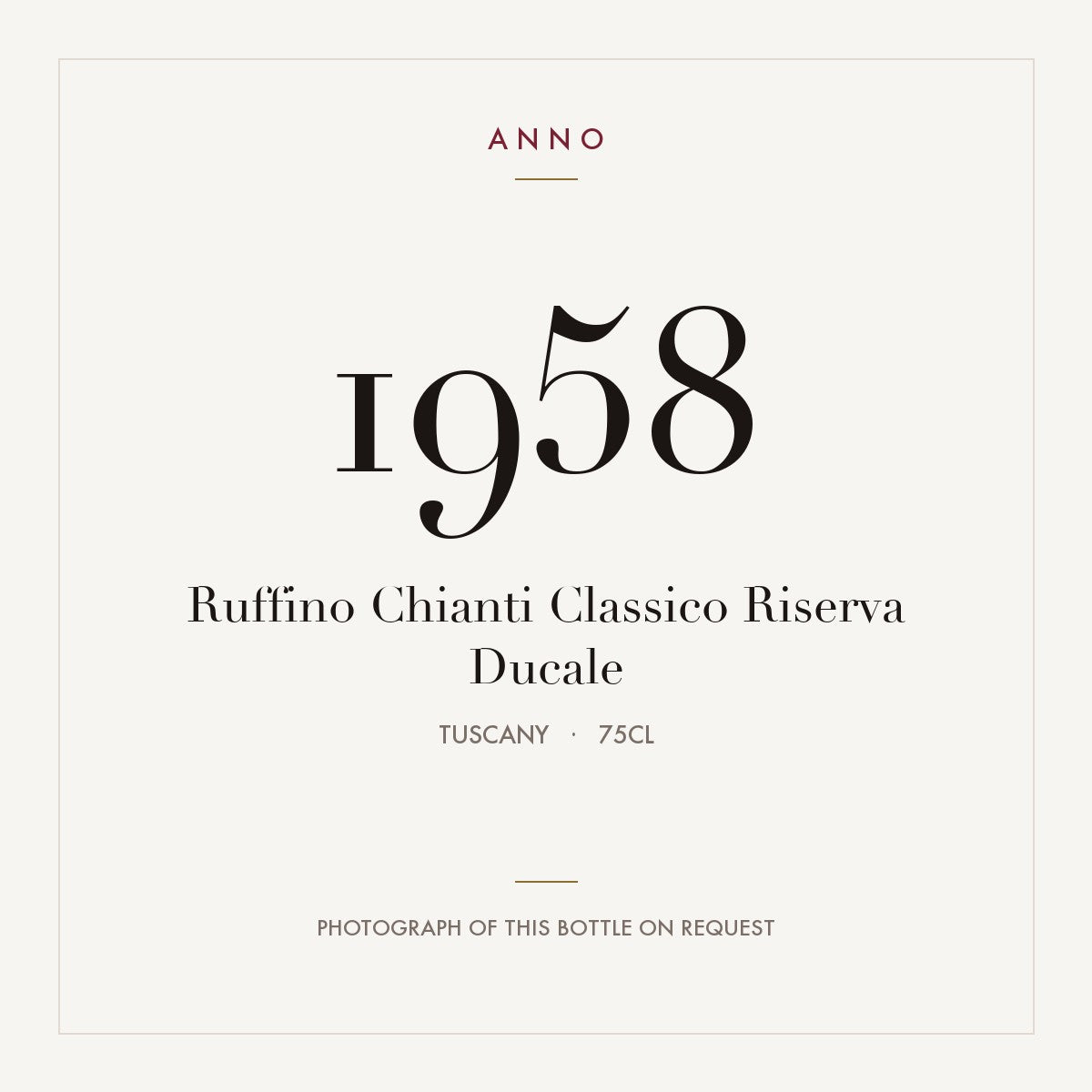 Ruffino Chianti Classico Riserva Ducale 1958 0,75l, Toskana — ANNO-Jahrgangskarte; Foto der tatsächlichen Flasche auf Anfrage