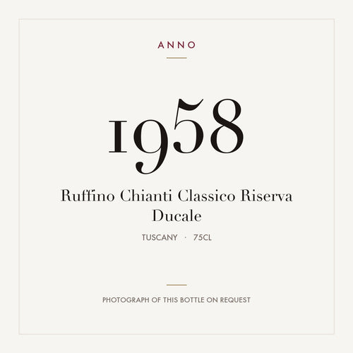 Ruffino Chianti Classico Riserva Ducale 1958 0,75l, Toscana — ANNO-årgangskort; foto af den faktiske flaske på forespørgsel