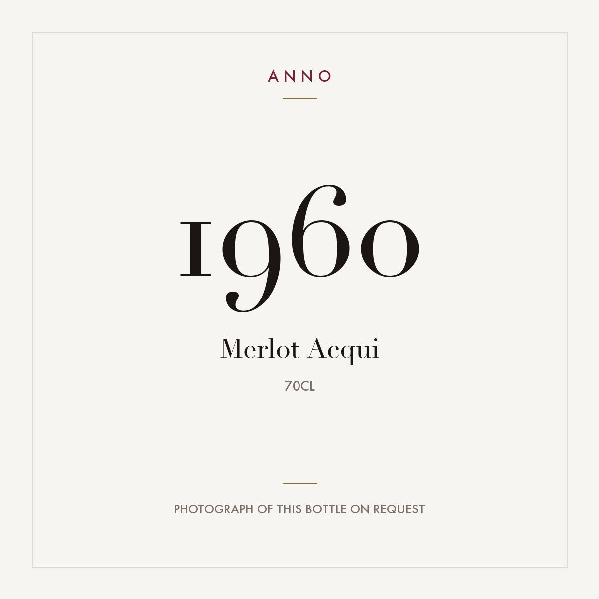 Merlot Acqui 1960 0,7l — cartão de colheita ANNO; fotografia da garrafa real disponível a pedido