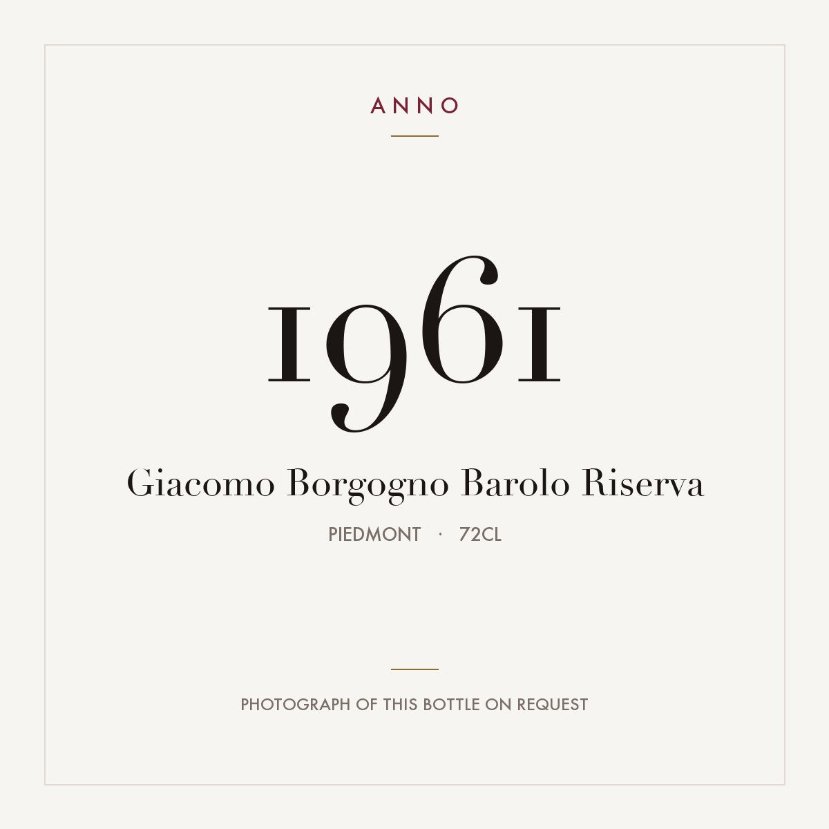 Giacomo Borgogno Barolo Riserva 1961 0,72l from Piedmont — ANNO vintage card; photograph of the actual bottle available on request