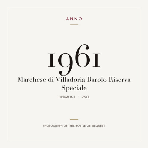 Marchese di Villadoria Barolo Riserva Speciale 1961 0,75l, Piemonte — ANNO-årgangskort; foto af den faktiske flaske på forespørgsel