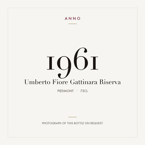 Umberto Fiore Gattinara Riserva 1961 0,75l, Piemonte — cartão de colheita ANNO; fotografia da garrafa real disponível a pedido