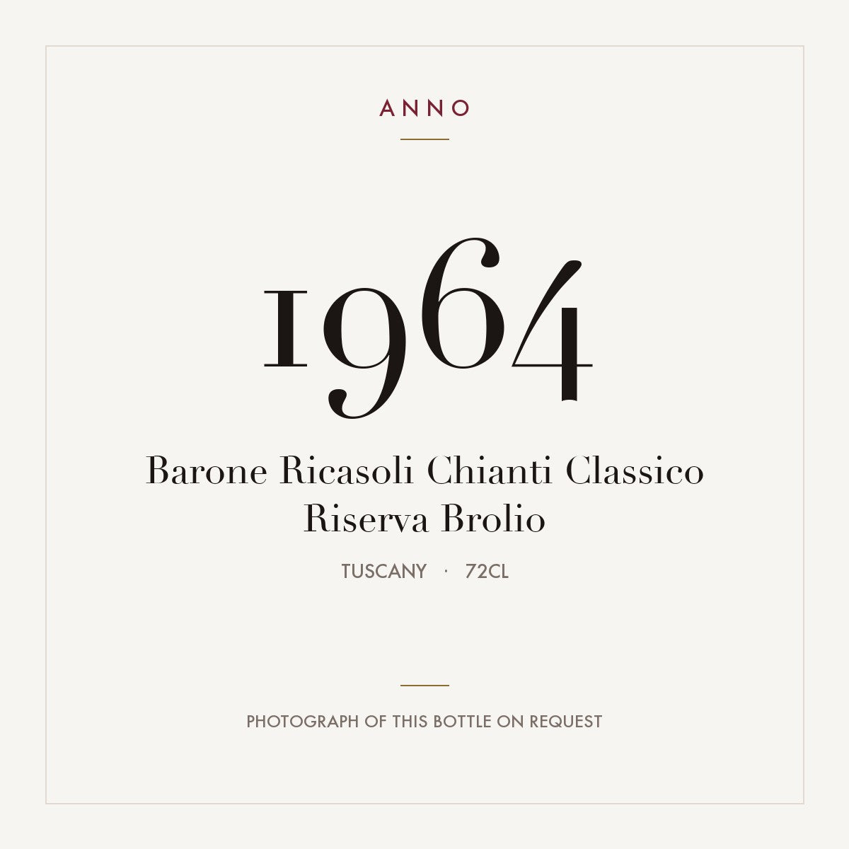 Barone Ricasoli Chianti Classico Riserva Brolio 1964 0,72l, Toscana — tarjeta de añada ANNO; foto de la botella real disponible bajo petición