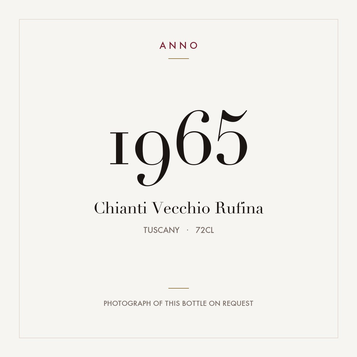 Chianti Vecchio Rufina 1965 0,72l, Toscana — tarjeta de añada ANNO; foto de la botella real disponible bajo petición