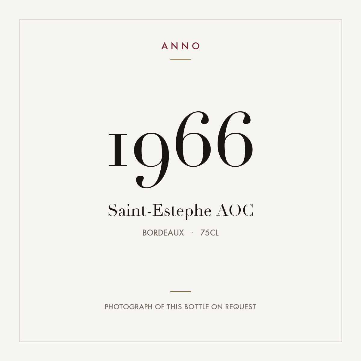 Saint-Estephe 1966 AOC 0,75l from Bordeaux — ANNO vintage card; photograph of the actual bottle available on request