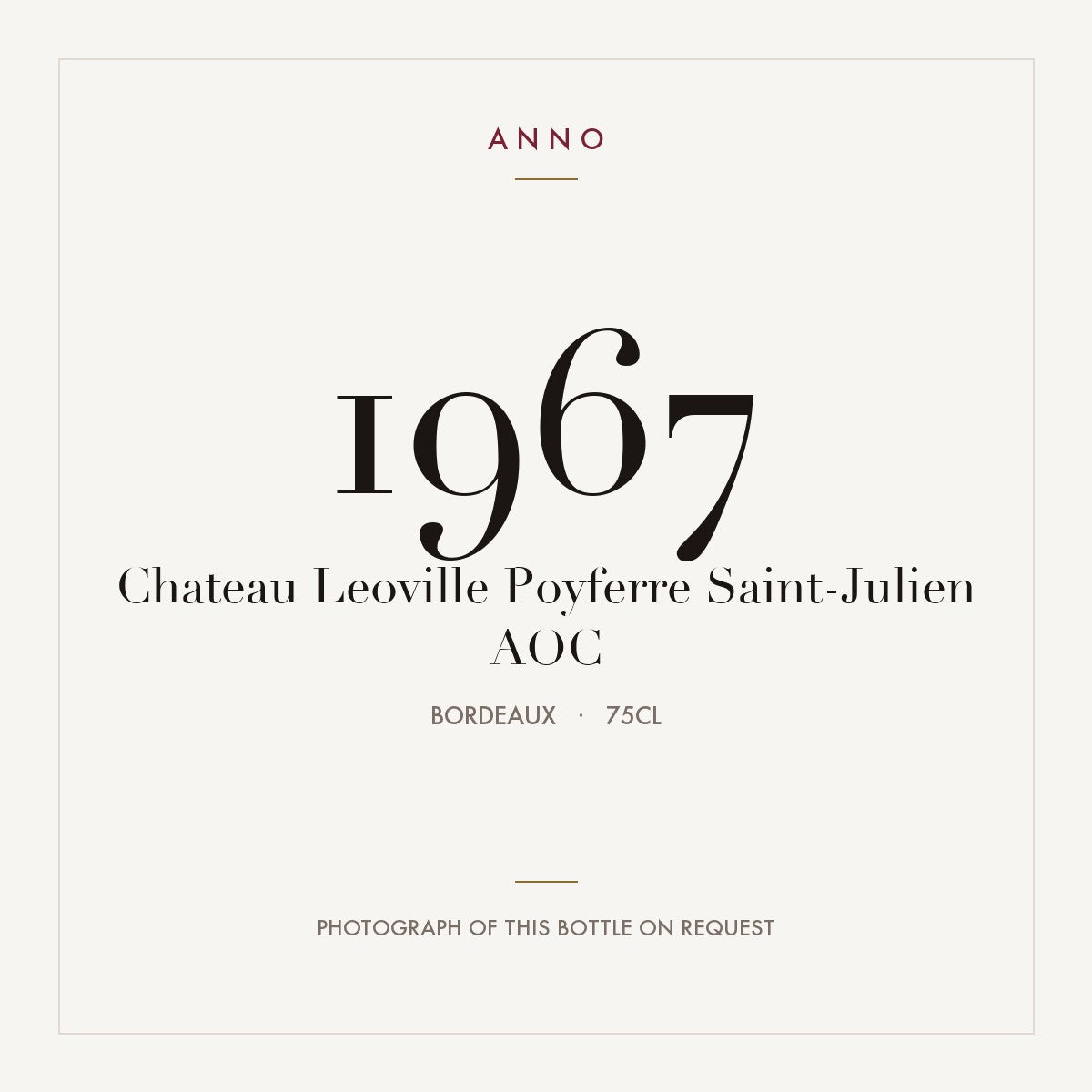 Chateau Leoville Poyferre Saint-Julien 1967 AOC 0,75l from Bordeaux — ANNO vintage card; photograph of the actual bottle available on request