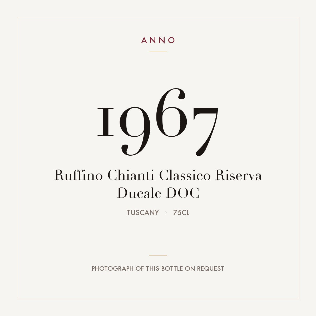 Ruffino Chianti Classico Riserva Ducale 1967 DOC 0,75l, Toscana — card dell'annata ANNO; foto della bottiglia reale disponibile su richiesta