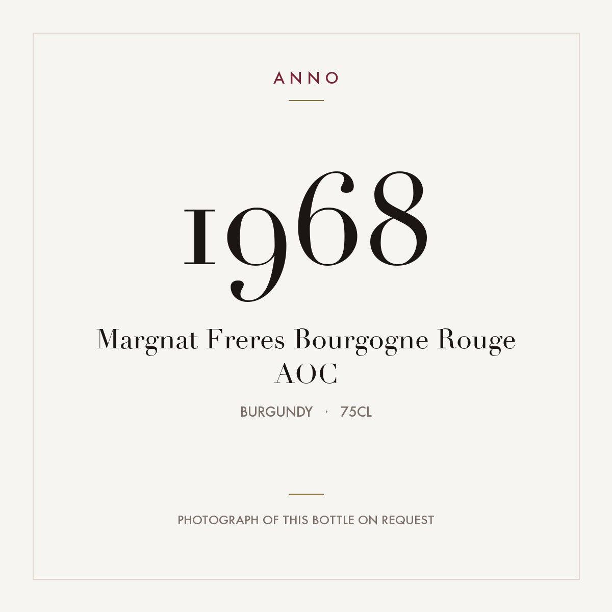 Margnat Freres Bourgogne Rouge 1968 AOC 0,75l, Bourgogne — carte millésime ANNO ; photo de la bouteille réelle disponible sur demande