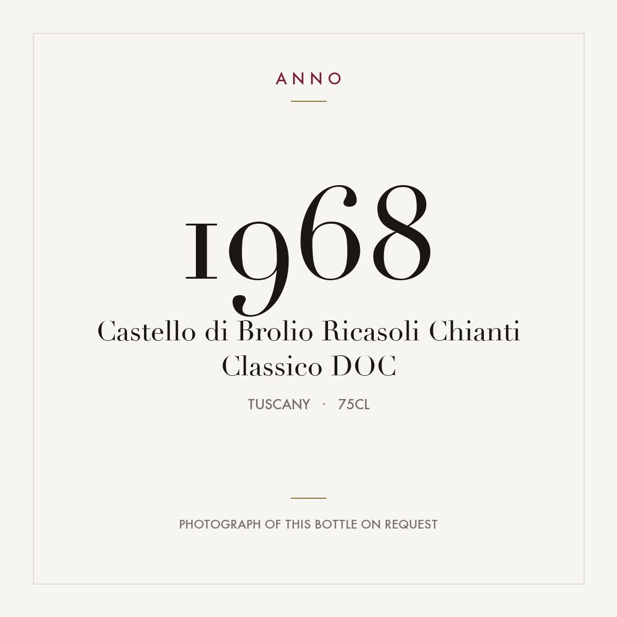 Castello di Brolio Ricasoli Chianti Classico 1968 DOC 0,75l from Tuscany — ANNO vintage card; photograph of the actual bottle available on request