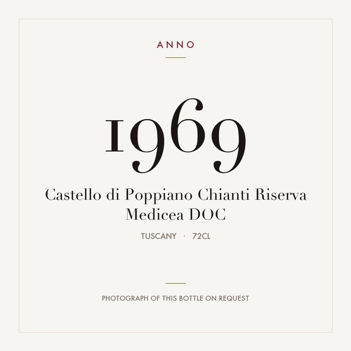 Castello di Poppiano Chianti Riserva Medicea 1969 DOC 0,72l, Toscane — carte millésime ANNO ; photo de la bouteille réelle disponible sur demande
