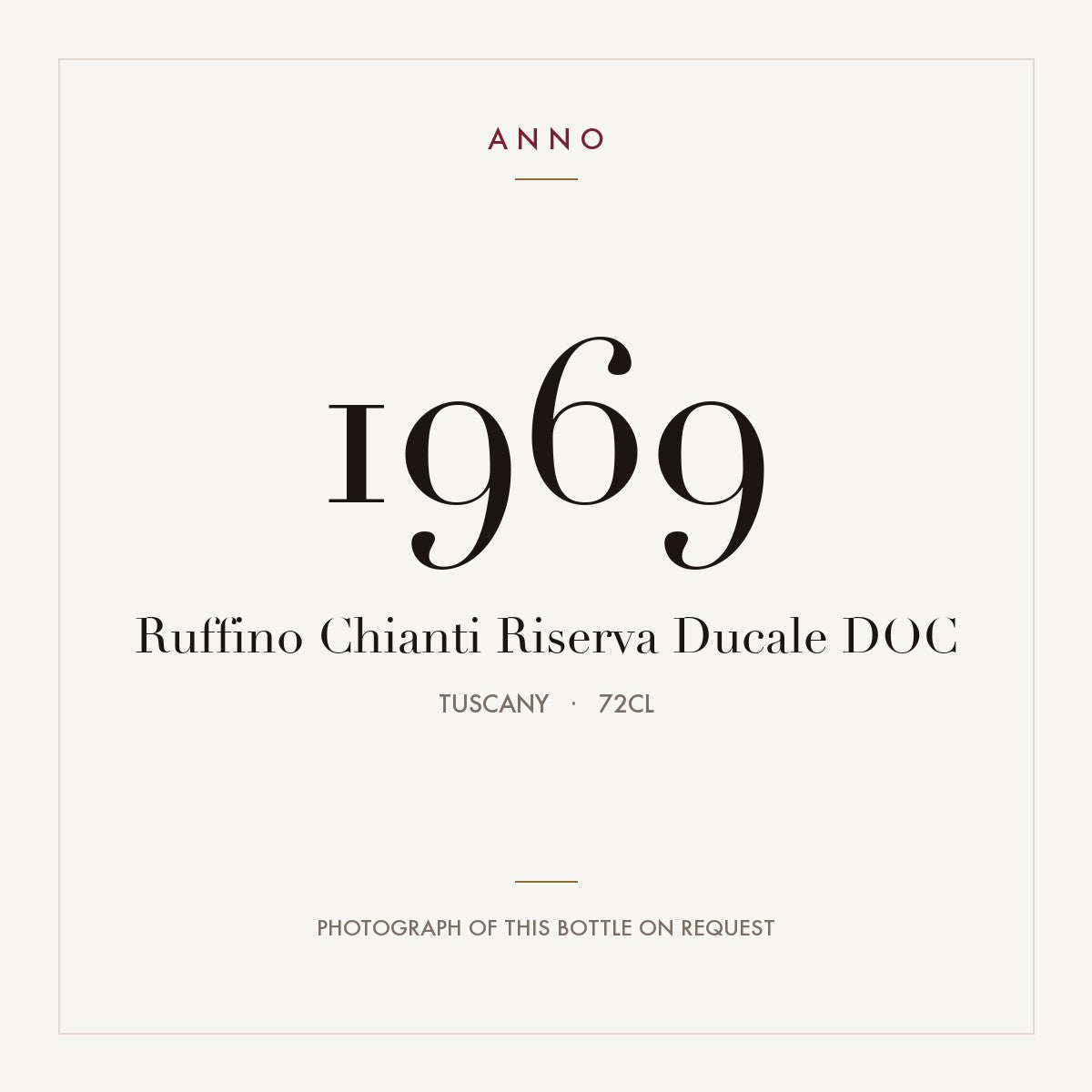 Ruffino Chianti Riserva Ducale 1969 DOC 0,72l from Tuscany — ANNO vintage card; photograph of the actual bottle available on request