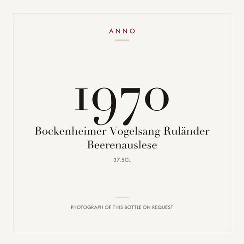 Bockenheimer Vogelsang Rulander Beerenauslese 1970 0,375l — ANNO vintage card; photograph of the actual bottle available on request