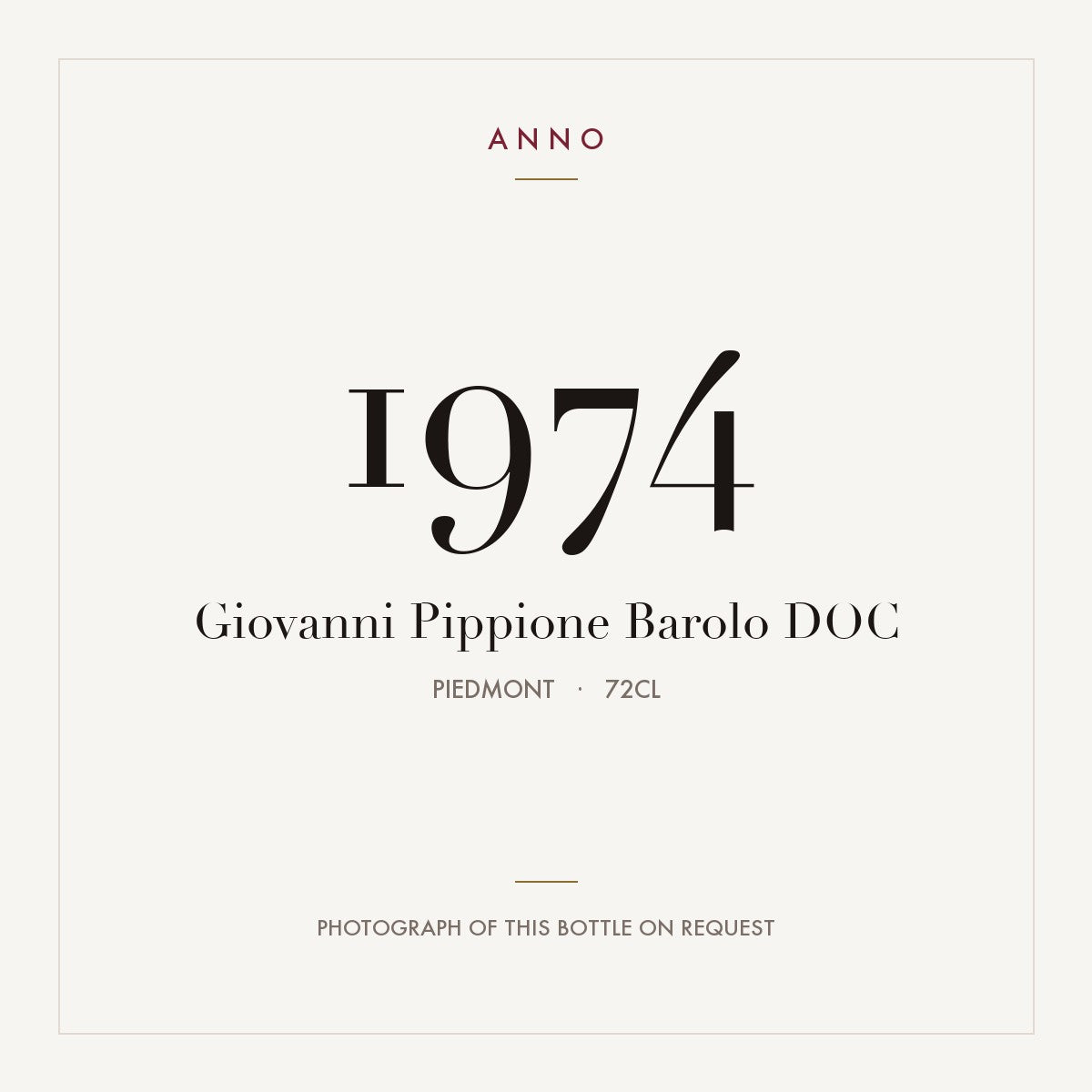 Giovanni Pippione Barolo 1974 DOC 0,72l, Piemonte — cartão de colheita ANNO; fotografia da garrafa real disponível a pedido