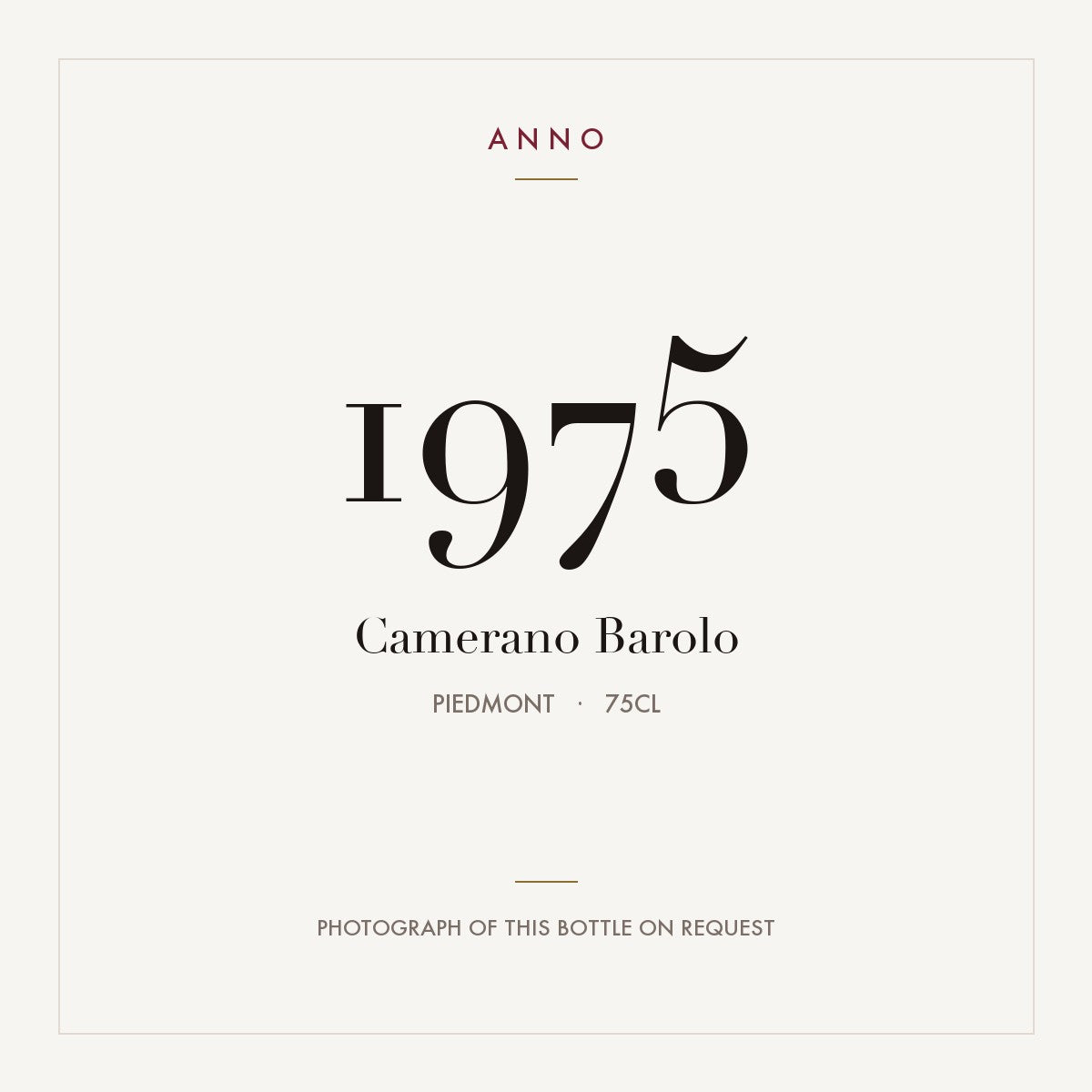 Camerano Barolo 1975 0,75l, Piemont — ANNO-Jahrgangskarte; Foto der tatsächlichen Flasche auf Anfrage