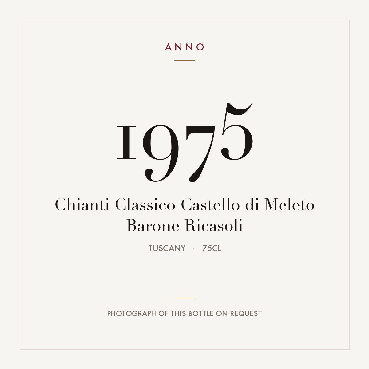 Chianti Classico Castello di Meleto Barone Ricasoli 1975 0,75l from Tuscany — ANNO vintage card; photograph of the actual bottle available on request