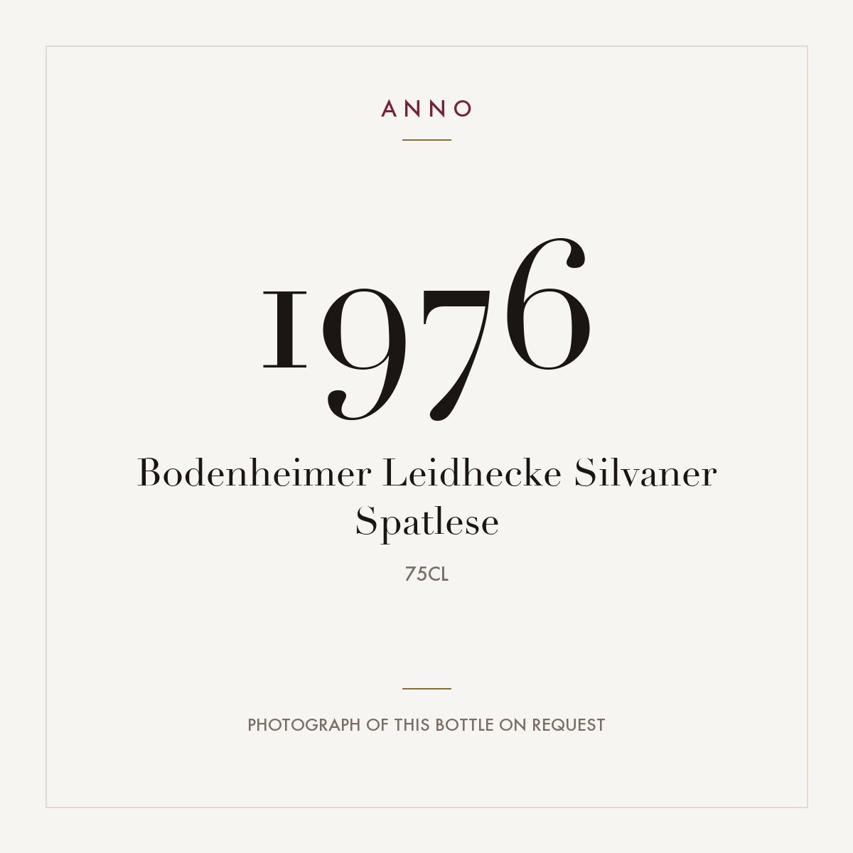 Bodenheimer Leidhecke Silvaner Spatlese 1976 0,75l — cartão de colheita ANNO; fotografia da garrafa real disponível a pedido