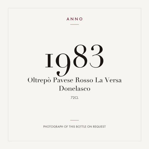 La Versa Donelasco Oltrepo Pavese 1983 DOC 0,72l — cartão de colheita ANNO; fotografia da garrafa real disponível a pedido