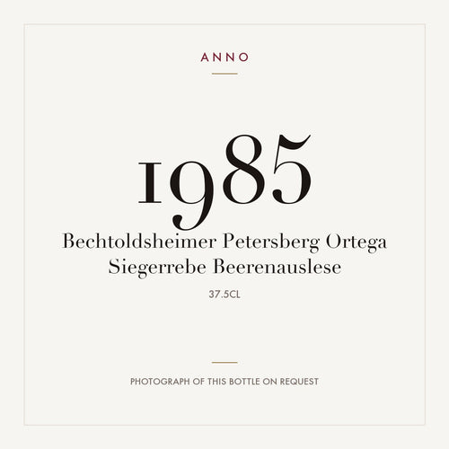 Bechtoldsheimer Petersberg Ortega Siegerrebe Beerenauslese 1985 0,375l — ANNO vintage card; photograph of the actual bottle available on request