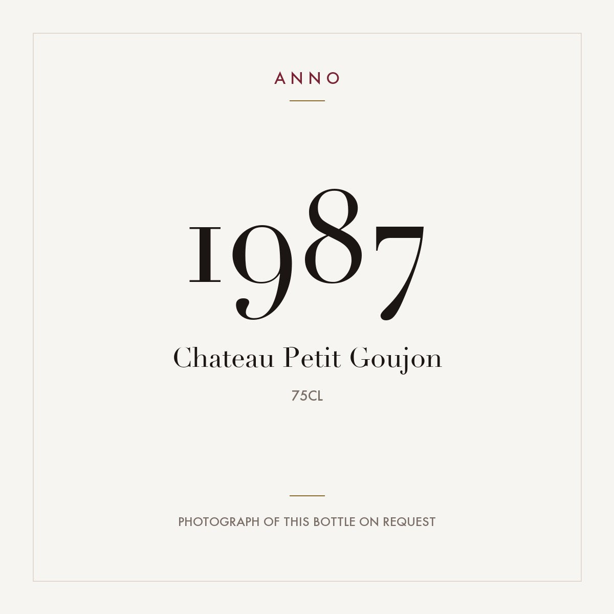 Chateau Petit Goujon 1987 0,75l — card dell'annata ANNO; foto della bottiglia reale disponibile su richiesta