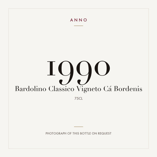 Vigneto Ca Bordenis Bardolino Classico 1990 DOC 0,75l — card dell'annata ANNO; foto della bottiglia reale disponibile su richiesta