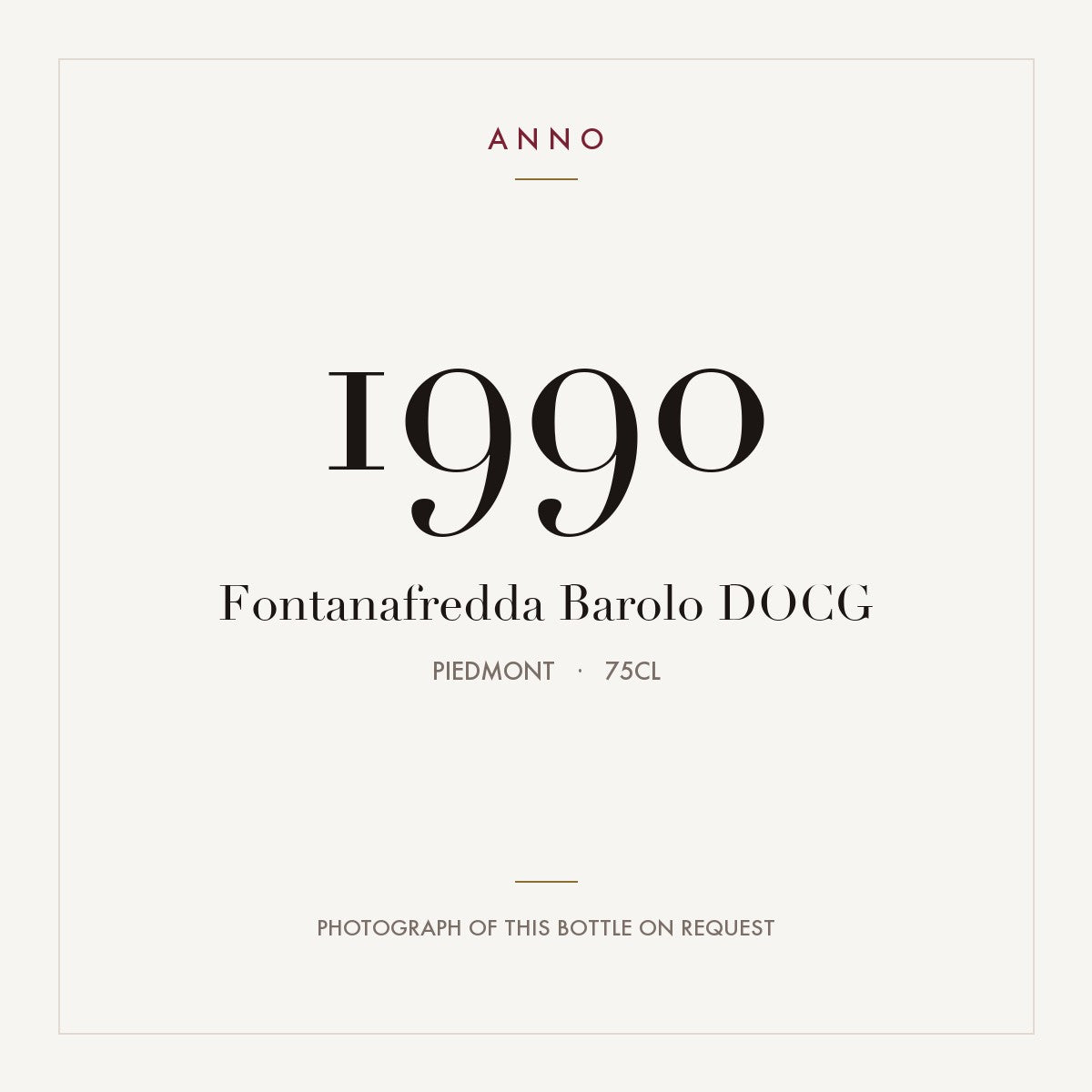 Fontanafredda Barolo 1990 DOCG 0,75l, Piemonte — cartão de colheita ANNO; fotografia da garrafa real disponível a pedido