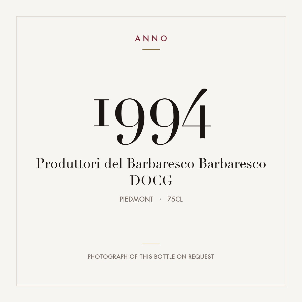 Produttori del Barbaresco Barbaresco 1994 DOCG 0,75l, Piamonte — tarjeta de añada ANNO; foto de la botella real disponible bajo petición