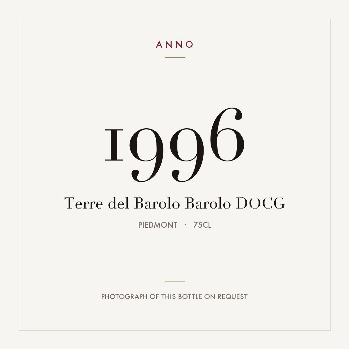 Terre del Barolo Barolo 1996 DOCG 0,75l, Piemont — ANNO-Jahrgangskarte; Foto der tatsächlichen Flasche auf Anfrage