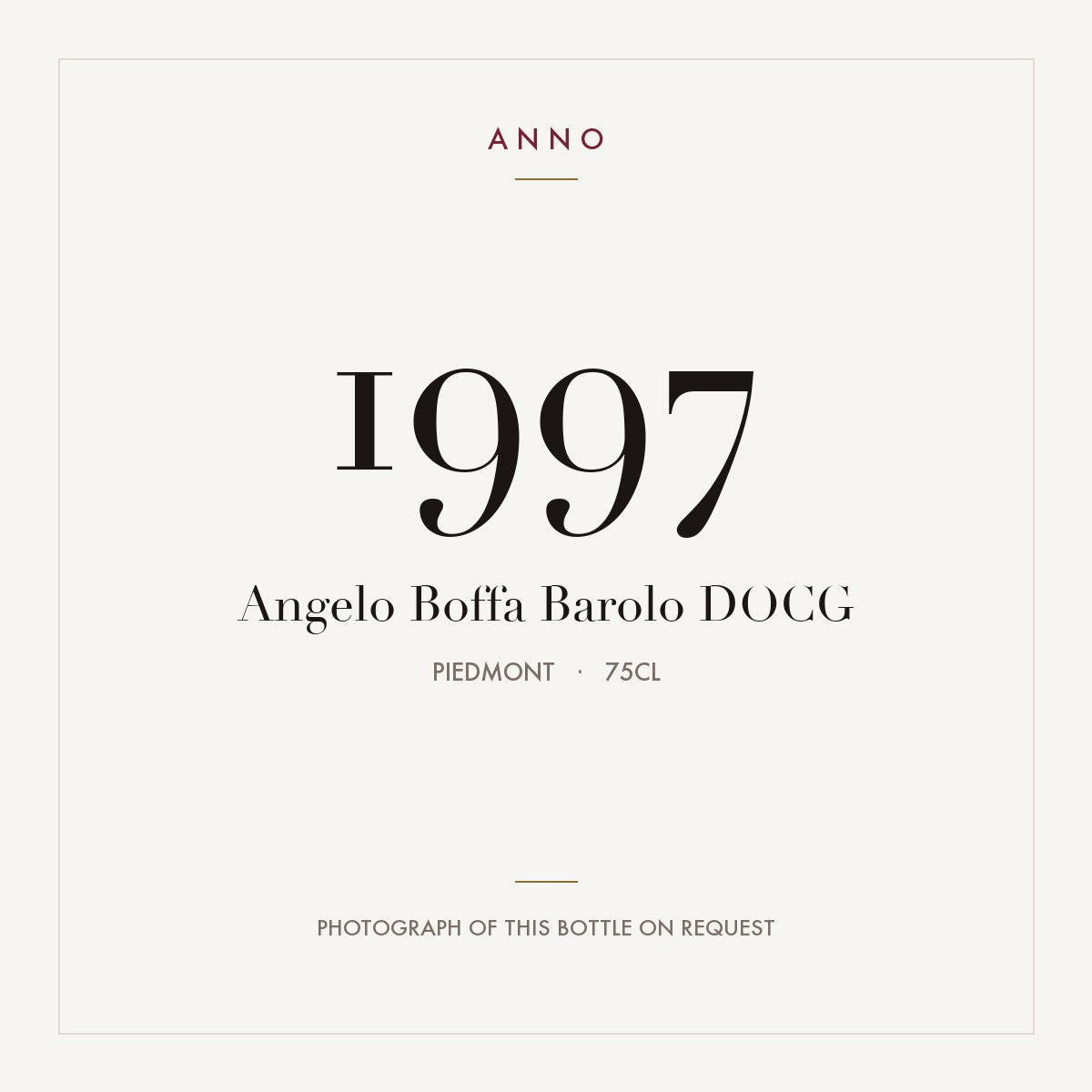 Angelo Boffa Barolo 1997 DOCG 0,75l, Piemont — ANNO-Jahrgangskarte; Foto der tatsächlichen Flasche auf Anfrage