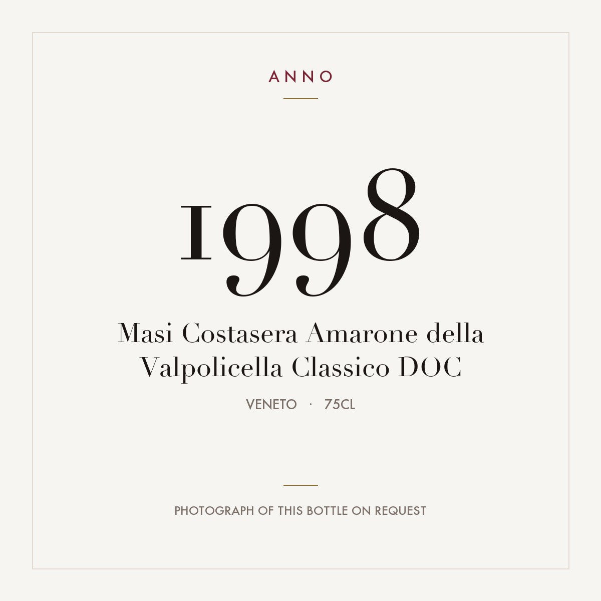 Masi Costasera Amarone della Valpolicella Classico 1998 DOC 0,75l from Veneto — ANNO vintage card; photograph of the actual bottle available on request