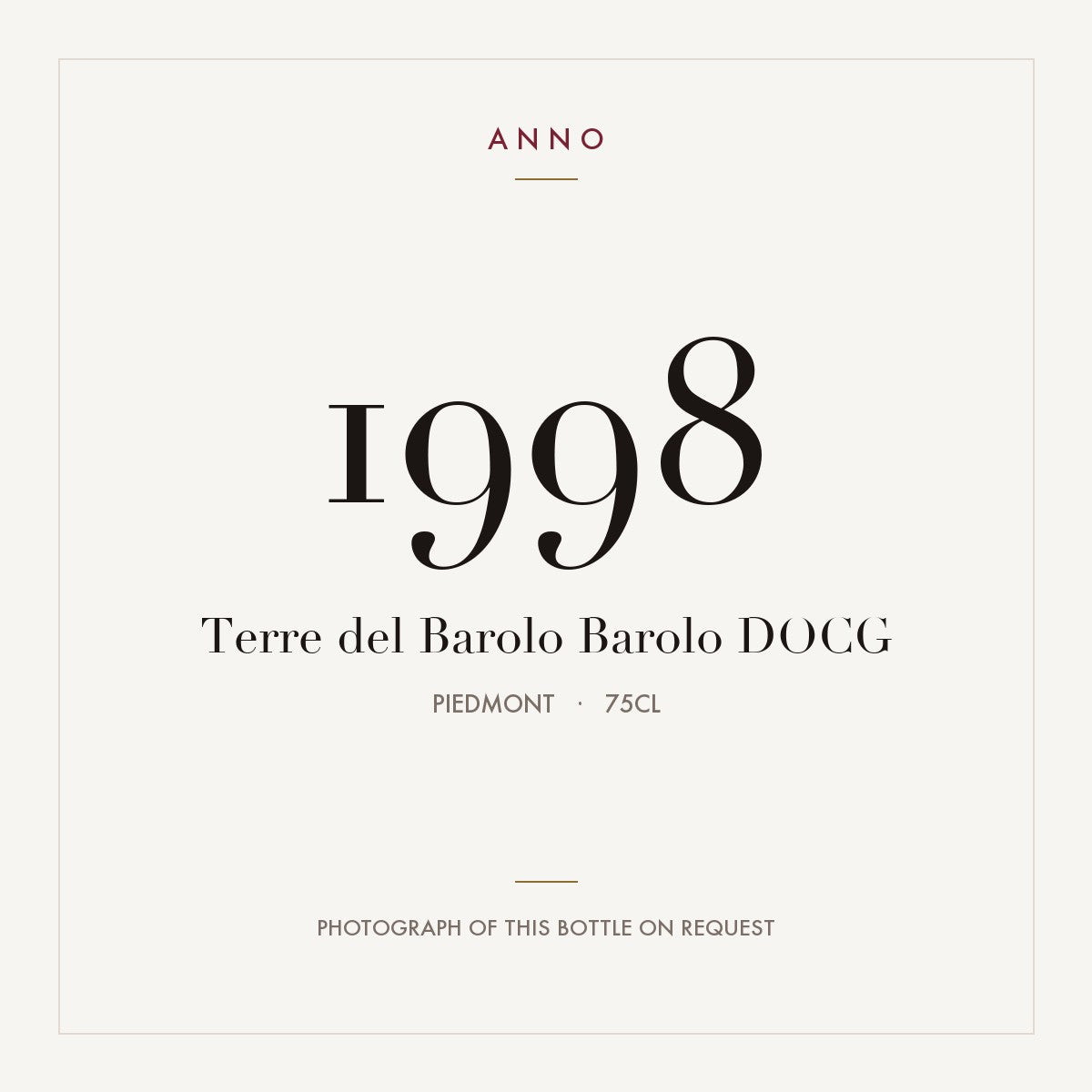 Terre del Barolo Barolo 1998 DOCG 0,75l, Piemonte — ANNO-årgangskort; foto af den faktiske flaske på forespørgsel