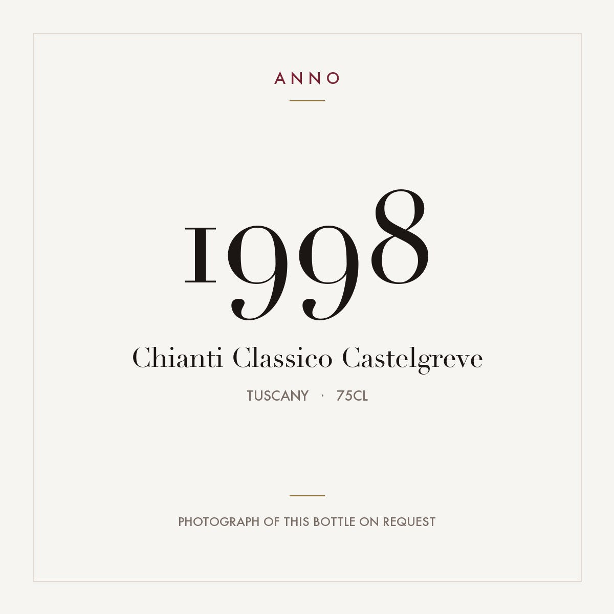 Chianti Classico Castelgreve 1998 0,75l, Toscana — cartão de colheita ANNO; fotografia da garrafa real disponível a pedido