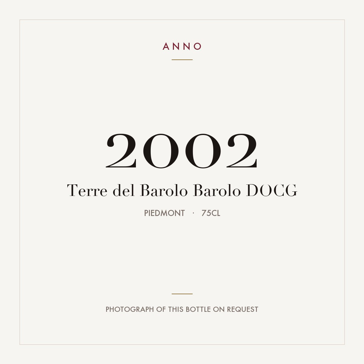 Terre del Barolo Barolo 2002 DOCG 0,75l, Piamonte — tarjeta de añada ANNO; foto de la botella real disponible bajo petición