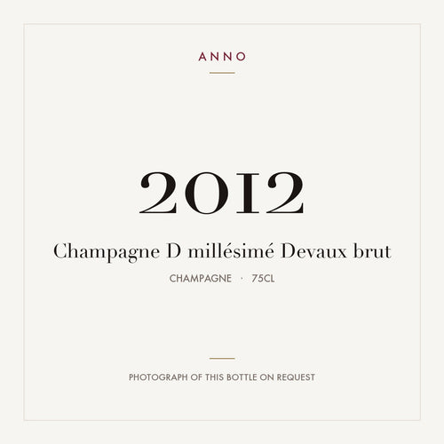 Devaux D Millesime Brut Champagne 2012 AOC 0,75l — ANNO vintage card; photograph of the actual bottle available on request