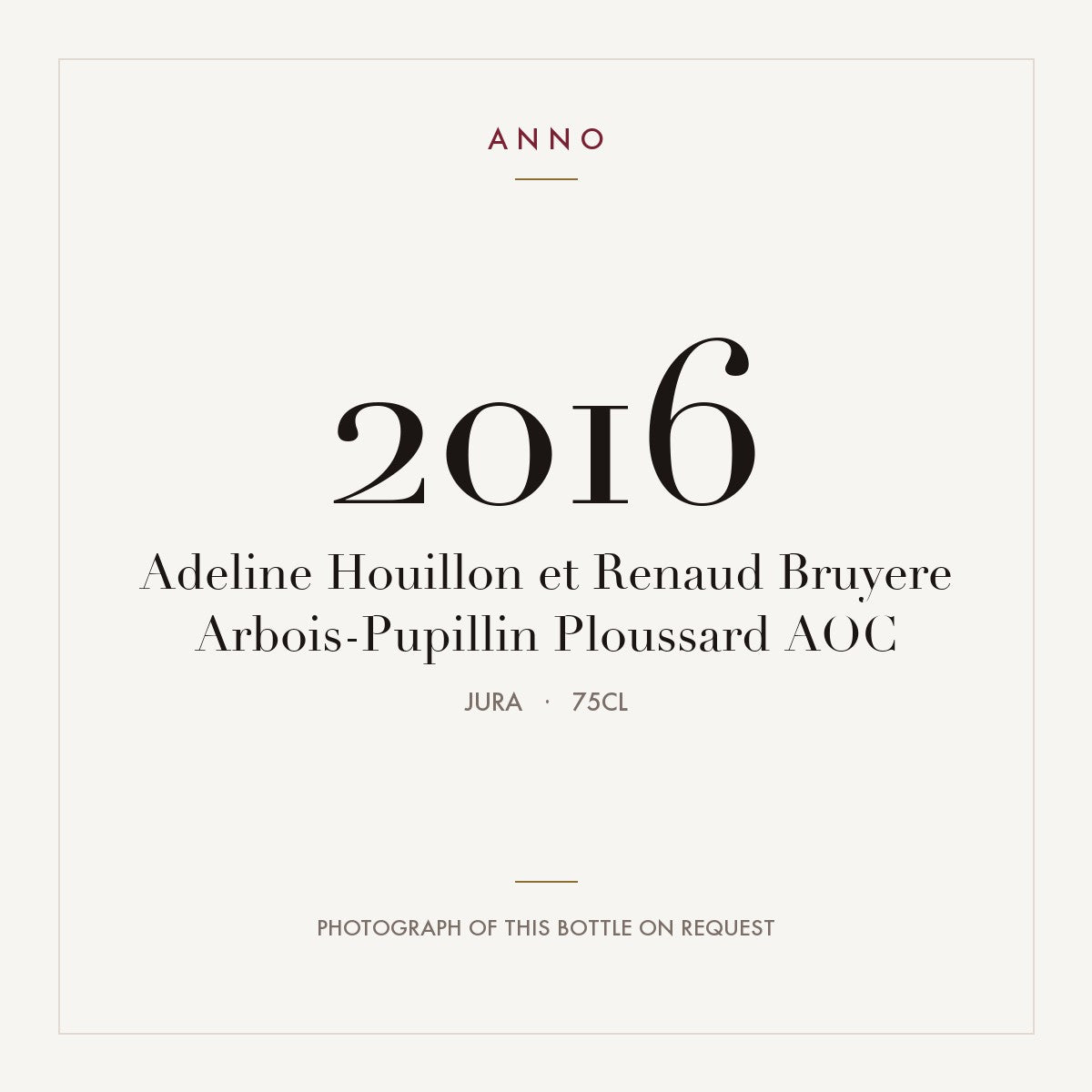 Adeline Houillon et Renaud Bruyere Arbois-Pupillin Ploussard 2016 AOC 0,75l, Jura — ANNO-jaargangkaart; foto van de echte fles op aanvraag