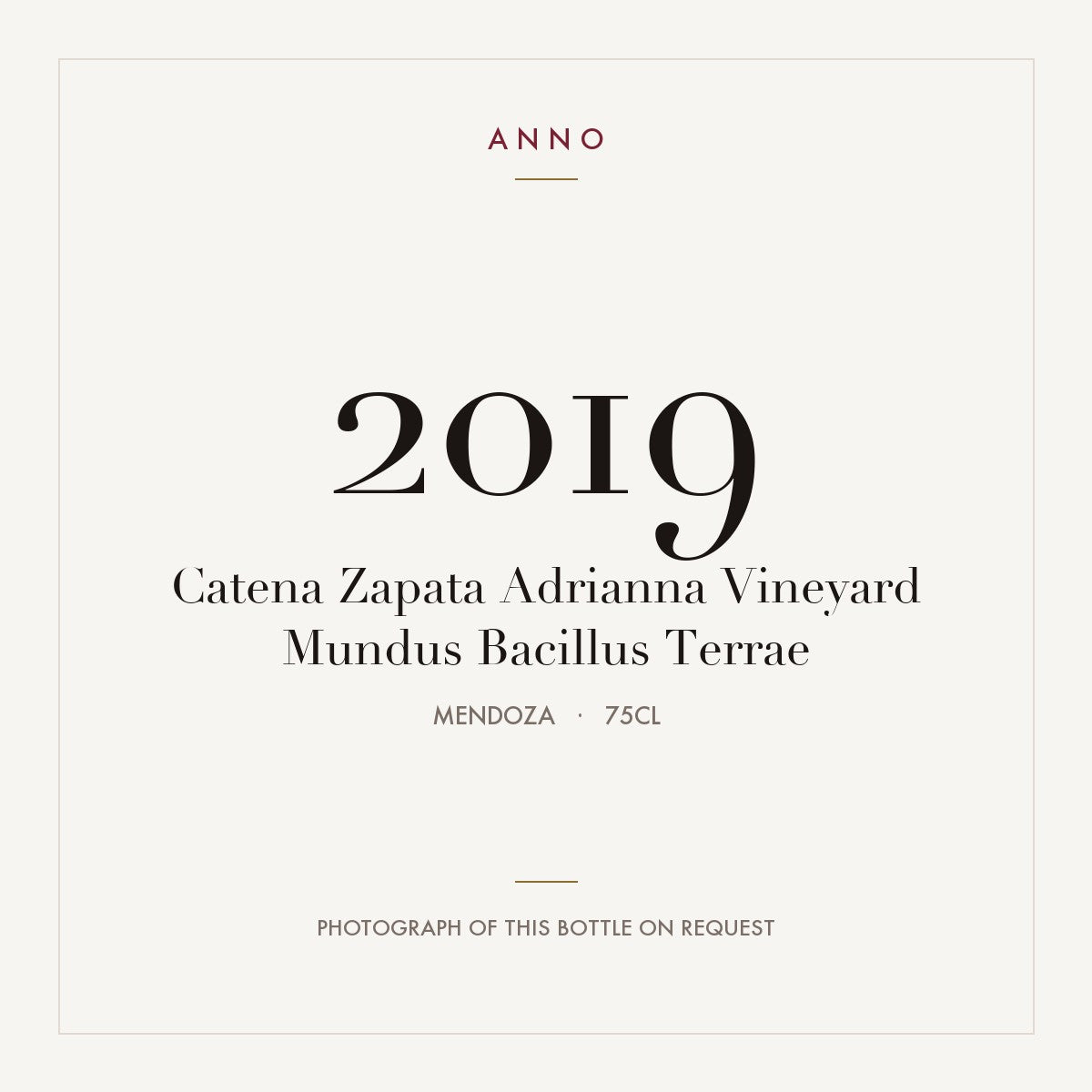 Catena Zapata Adrianna Vineyard Mundus Bacillus Terrae 2019 0,75l from Mendoza — ANNO vintage card; photograph of the actual bottle available on request