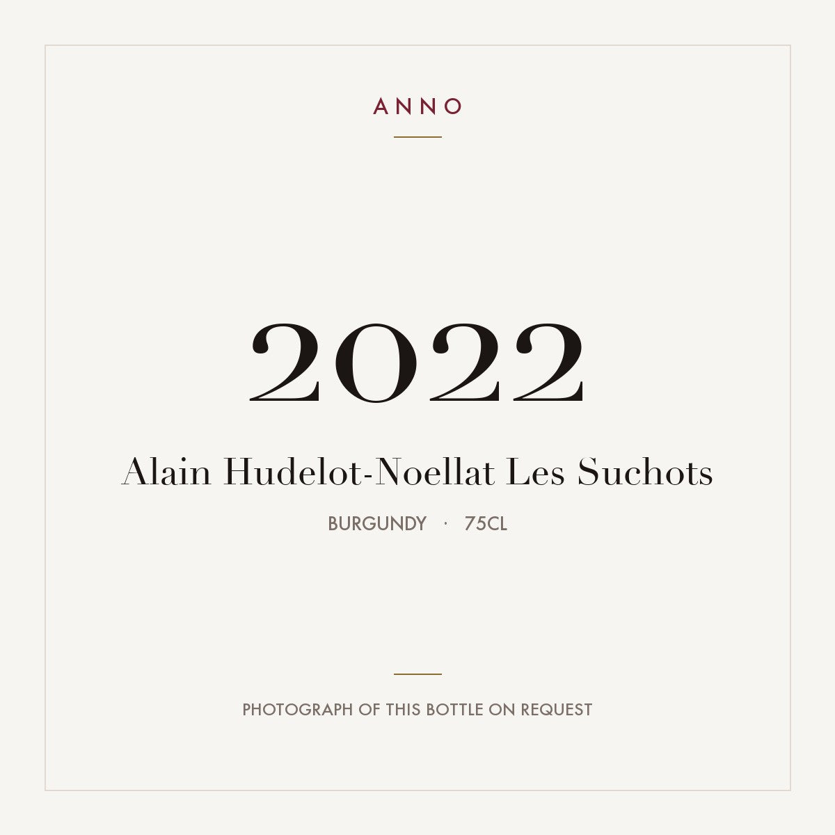 Alain Hudelot-Noellat Vosne-Romanee Premier Cru Les Suchots 2022 AOC 0,75l — carte millésime ANNO ; photo de la bouteille réelle disponible sur demande